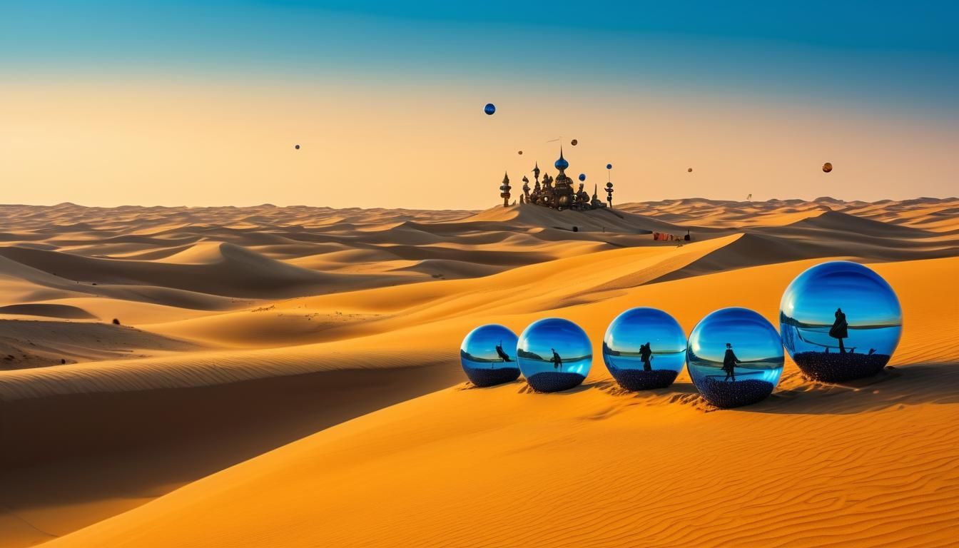 Surreal Desert Landscape with Glowing Spheres