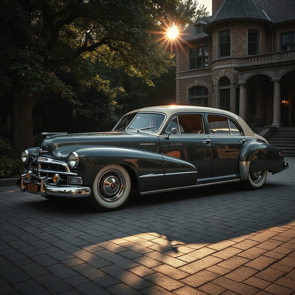 Steampunk Limousine at Dawn in Luxury Hotel Yard