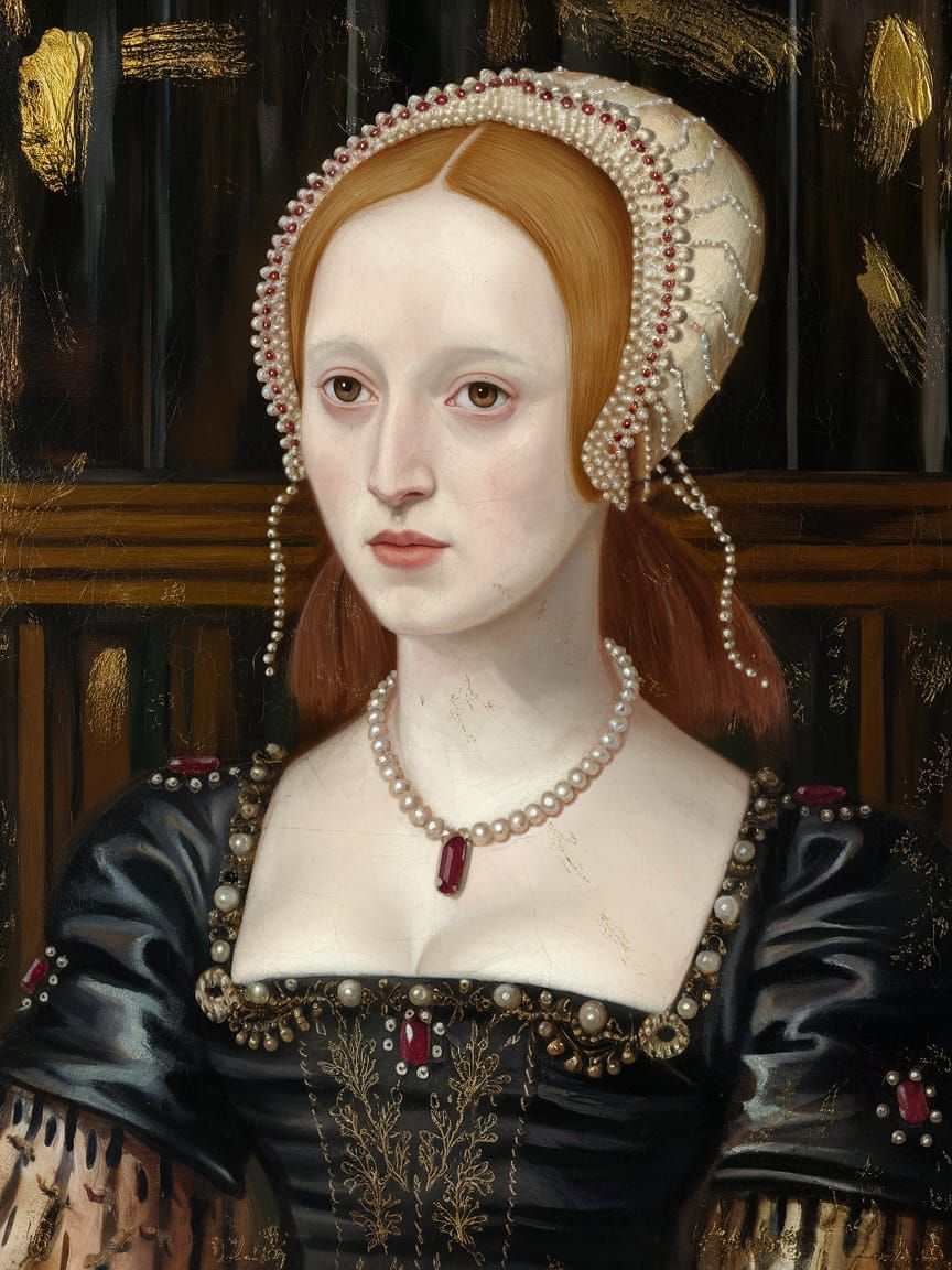 Regal Tudor Woman in Gold-Embroidered Satin Gown