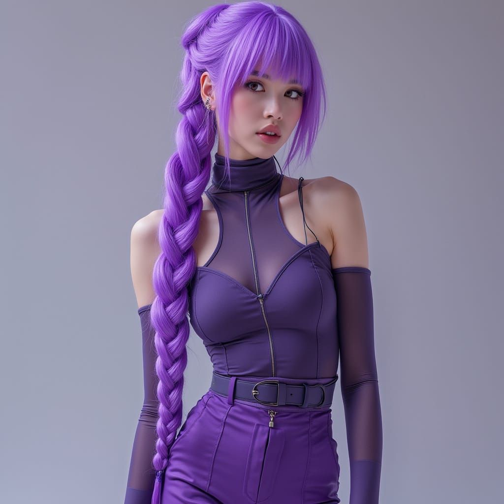 Glamorous K-Pop Star with Purple Braid in Digital Art