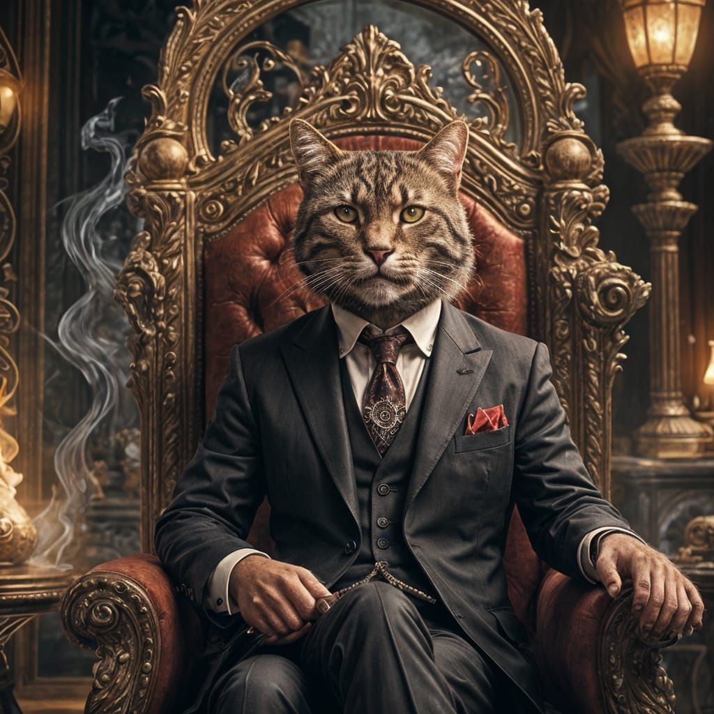 Cat Mafia Boss with Cigar in Black Suit