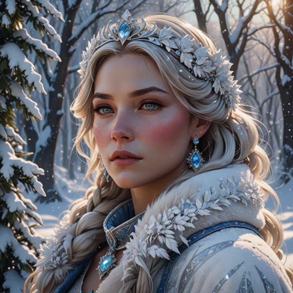 Regal Winter Princess with Majestic Blue Lion