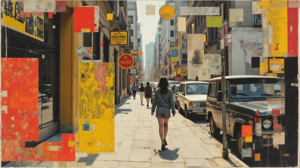 Sunlit Street Scene in Collage Style