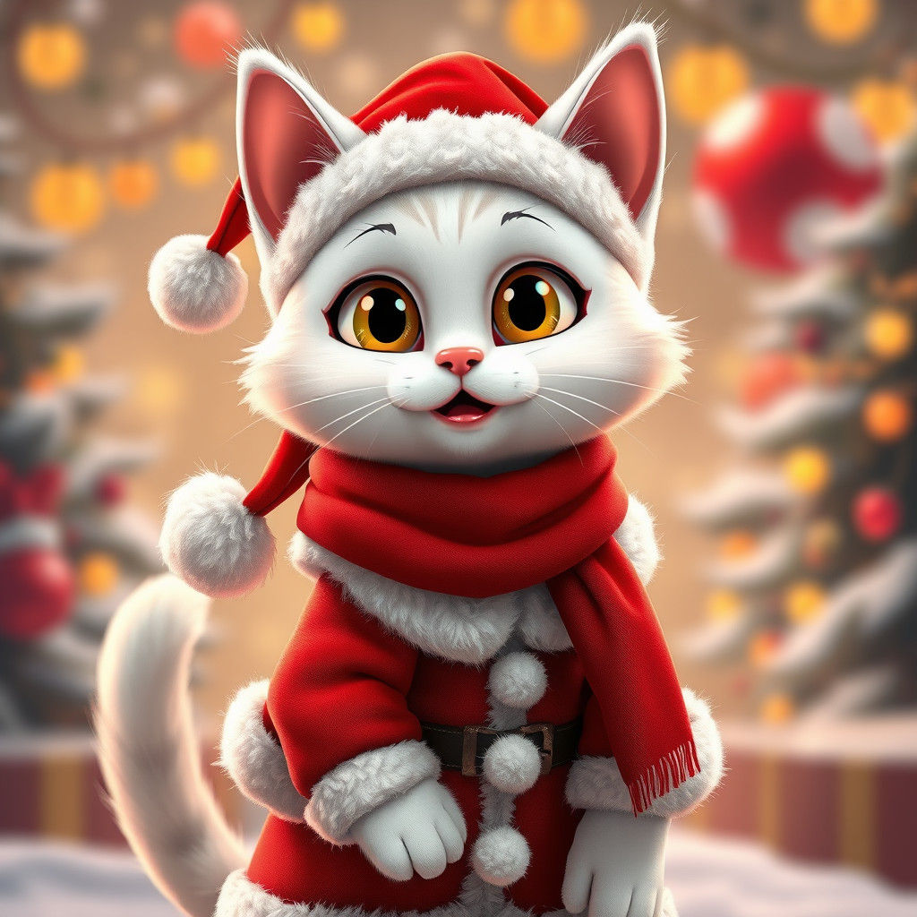 Santa Cat in Pixar Style with Expressive Eyes