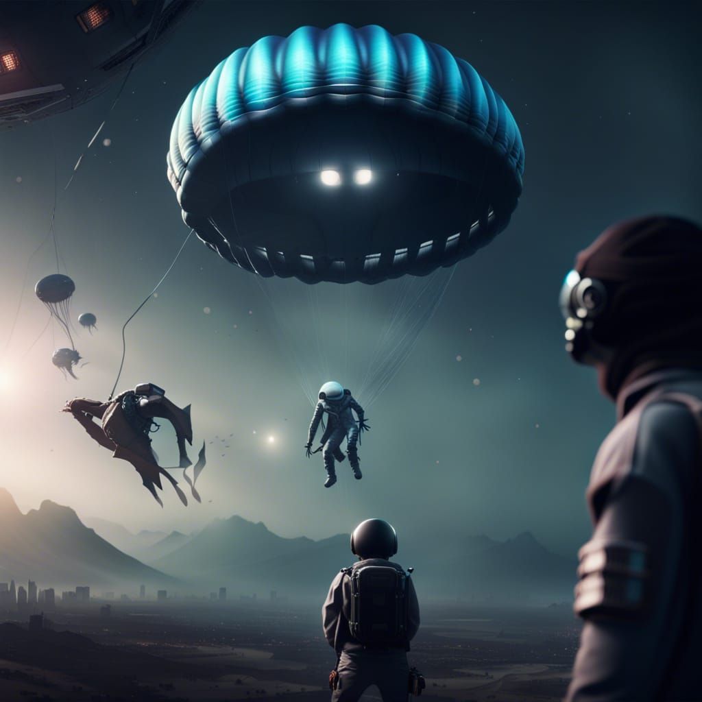 Parachutist Observed by Aliens: 3D Horror Scene