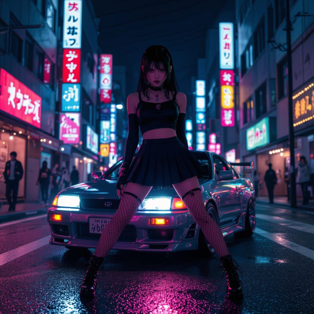 Gothic JDM Drift Girl in Neon Tokyo Night