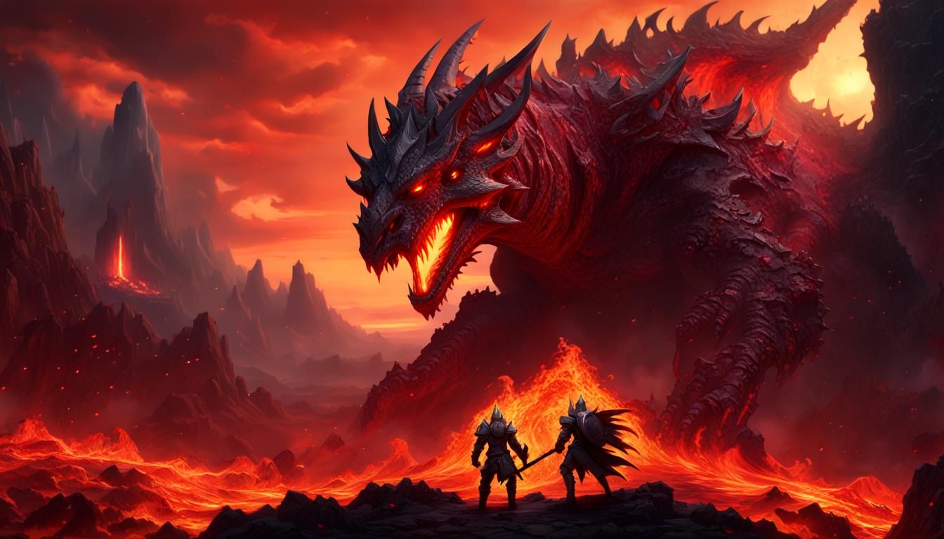 Knight Slaying Lava Dragon in Fiery Hellscape