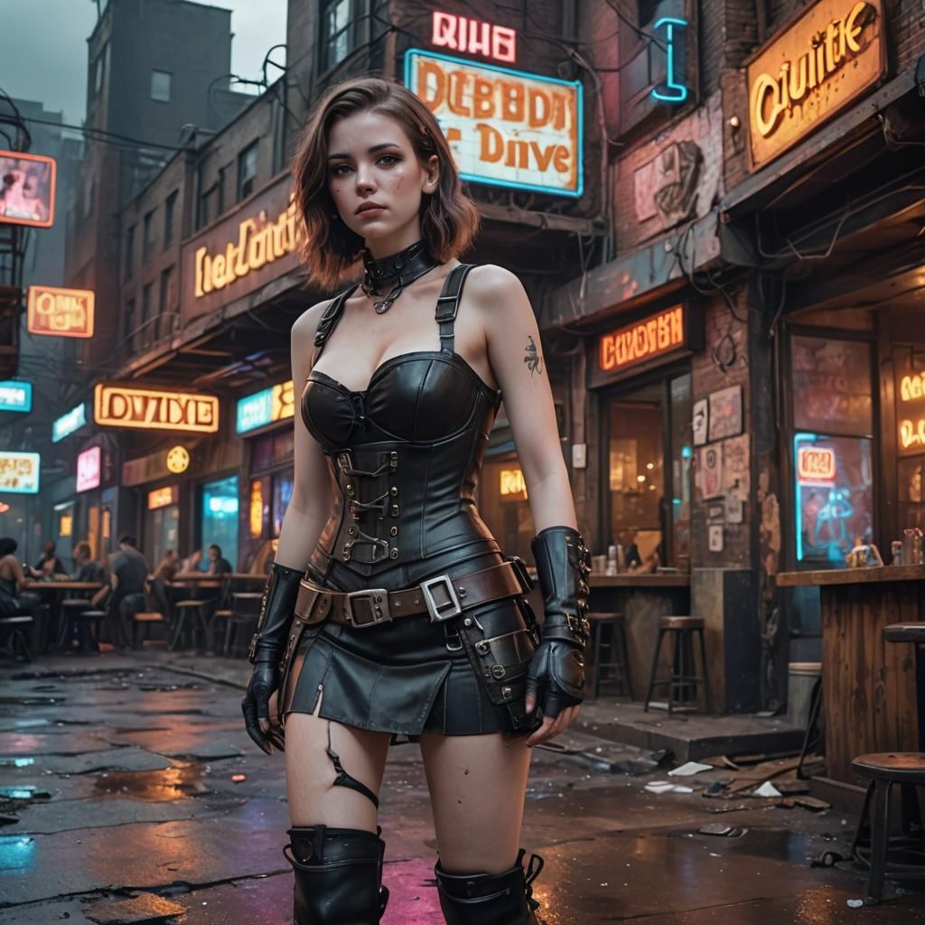 Cyberpunk Woman in Post-Apocalyptic Dive Bar