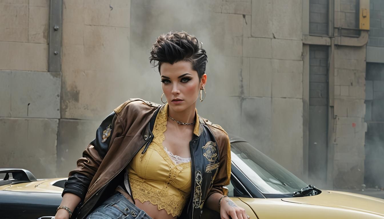 Mohawk Woman Leaning on Sports Car in Ethereal Style