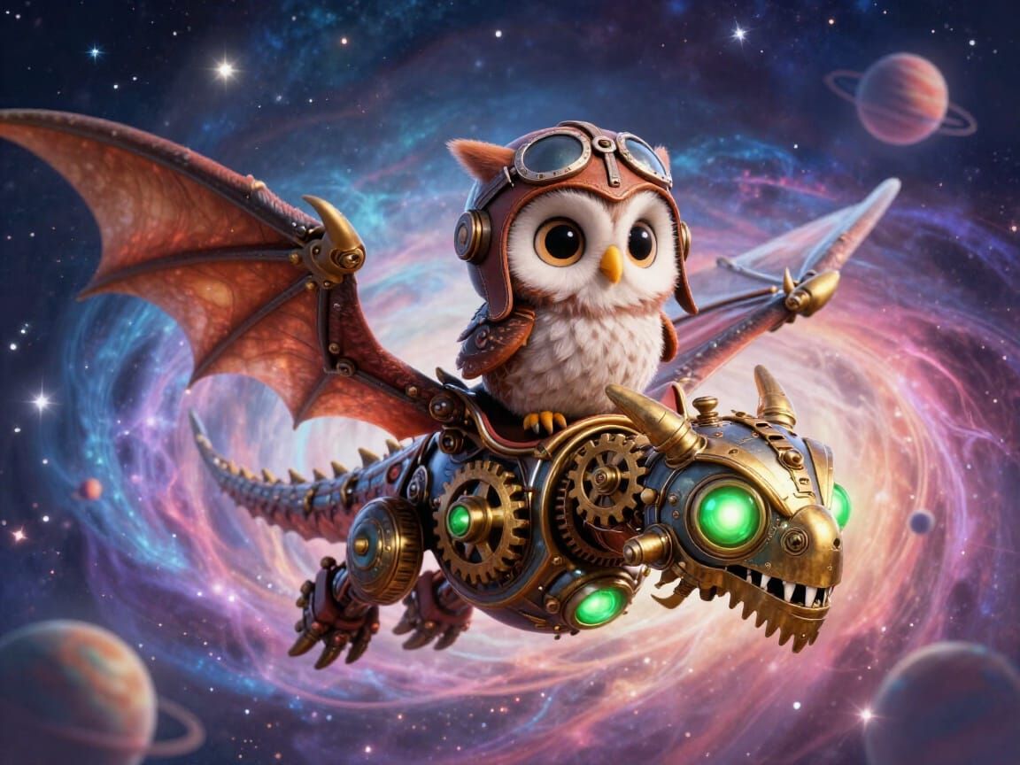 Baby Owl Rider on Steampunk Dragon in Nebula