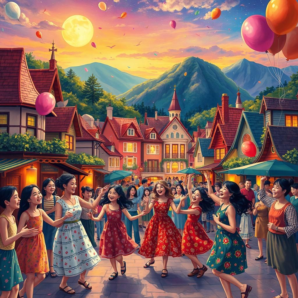 Aurora-lit Town Square Dance in Folk Art Style