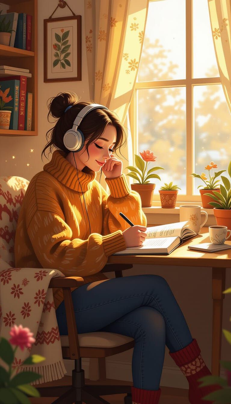 Cozy Journaling Scene in Digital Art Style