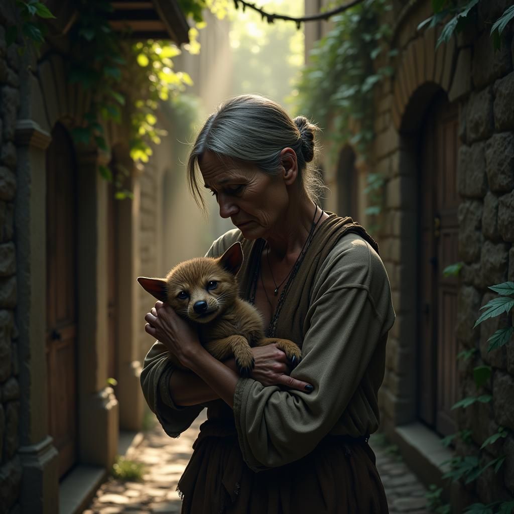 Worn Woman Cradling Animal in Mystical Alleyway