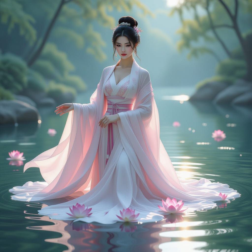 Ethereal Lotus Queen in Hanfu Gown