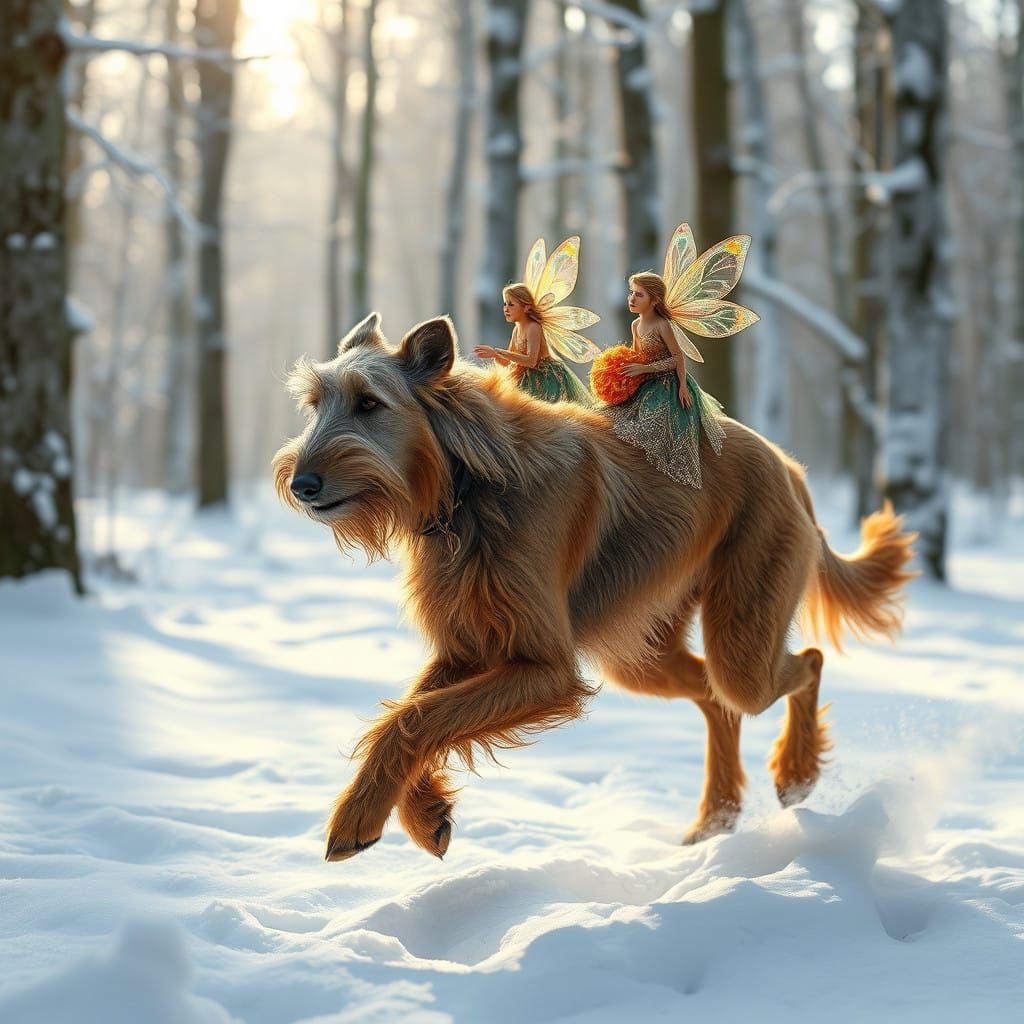 Majestic Deerhound Transports Iridescent Fairies Through Sno...