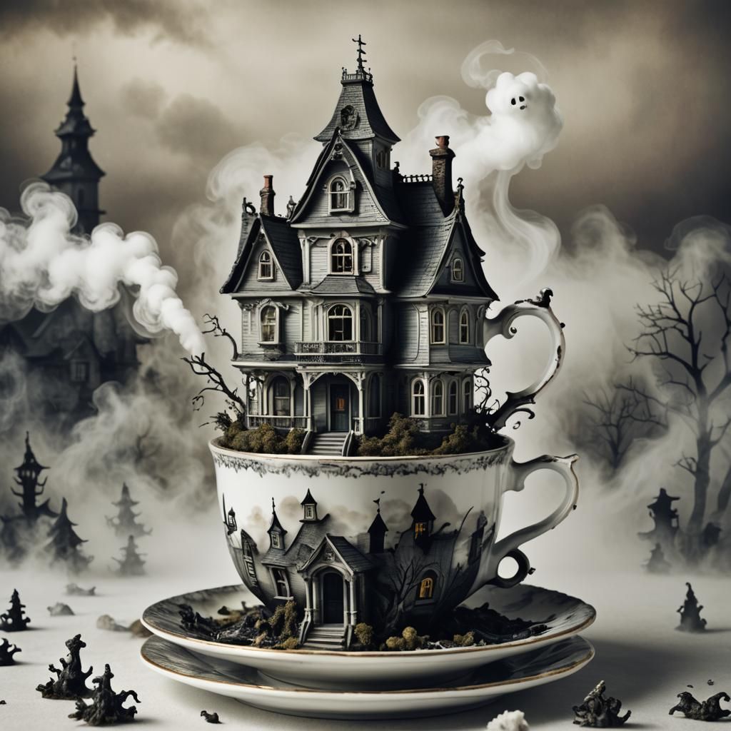 Haunted House Atop a Steaming Tea Cup