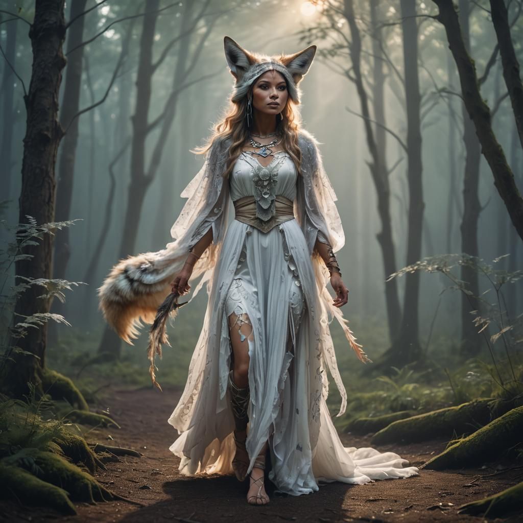 Coyote Girl in Misty Forest: Fantasy Art Portrait