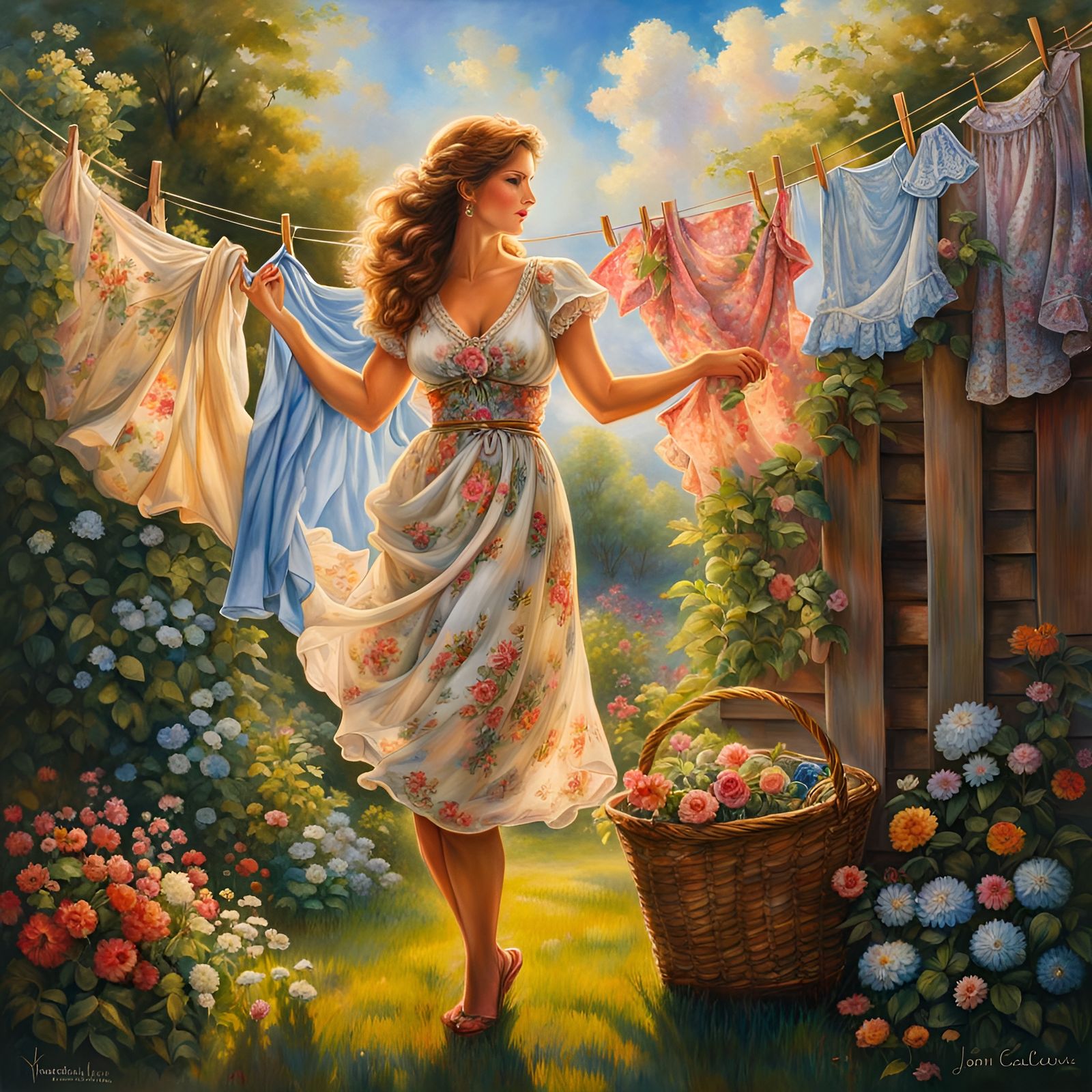 Woman in Floral Dress Hanging Clothes, Watercolor Style