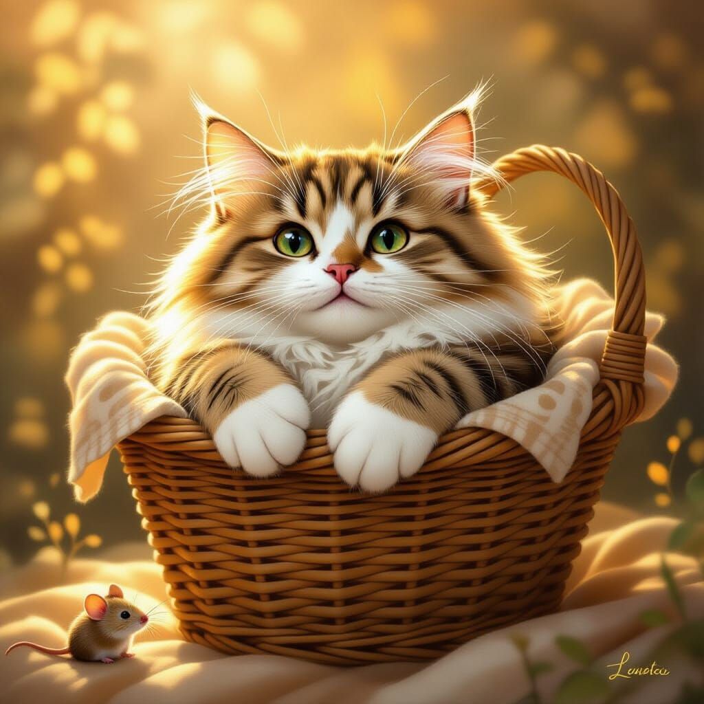 Giant Fluffy Cat and Mouse in Golden Light