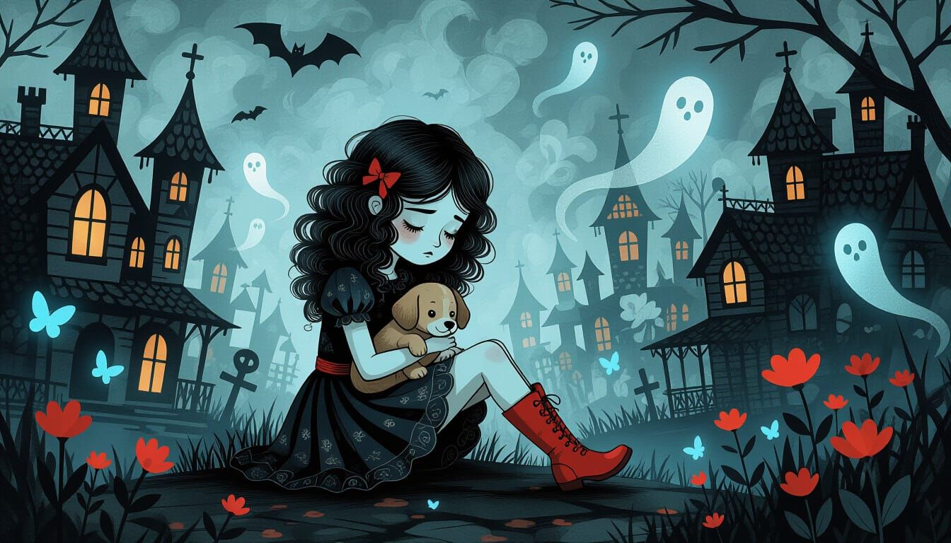 Gothic Romantic Girl with Puppy in Halloween Village
