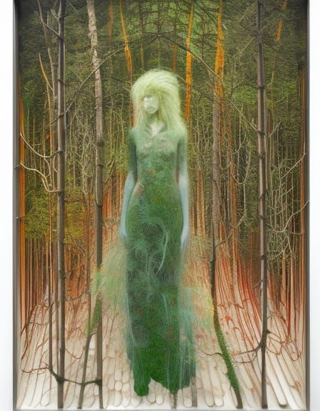 Sunset Human-Vine Hybrid in Forest, Detailed Digital Art