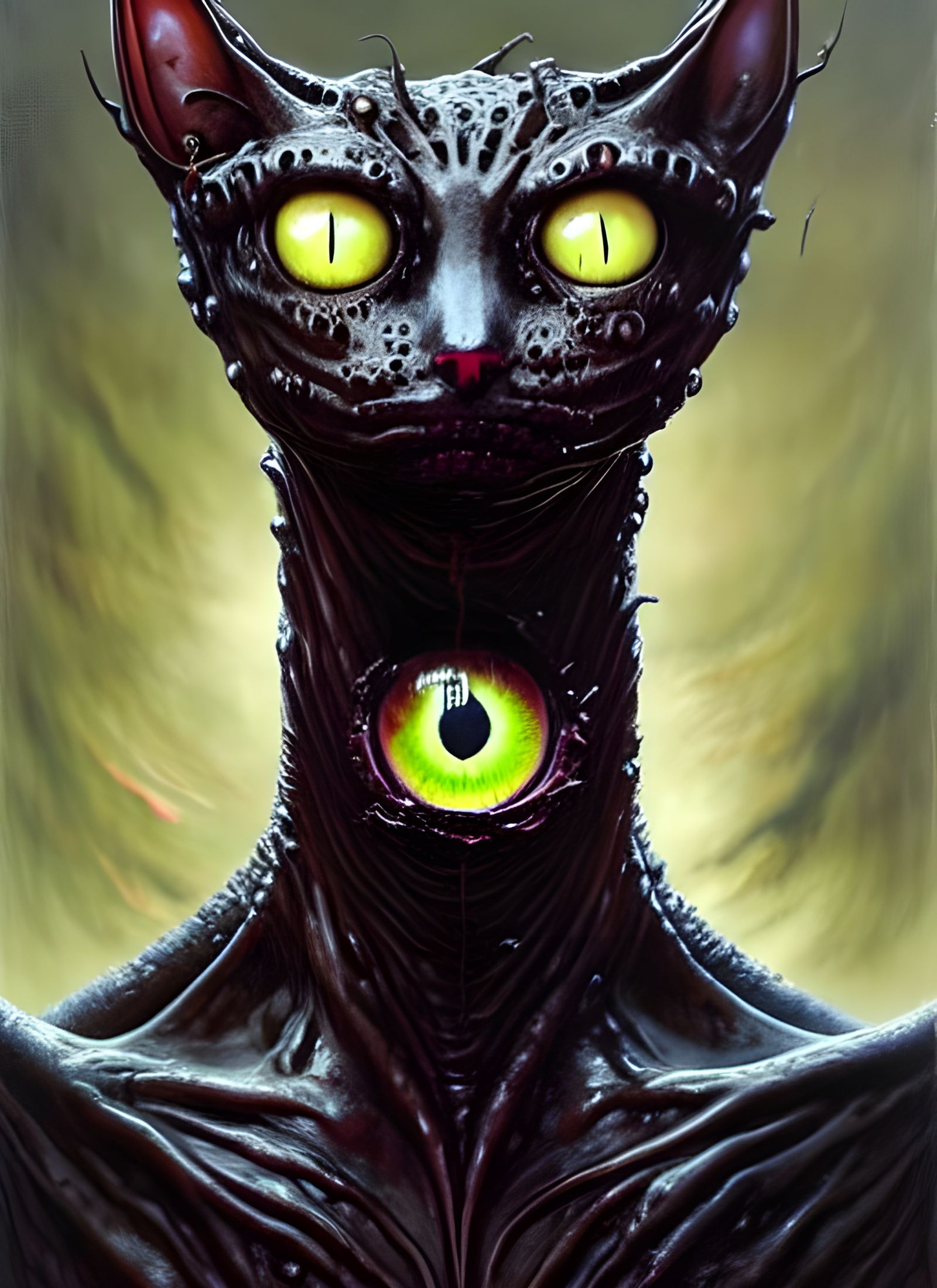 Grotesque Sinister Cat Portrait in Gouache Painting