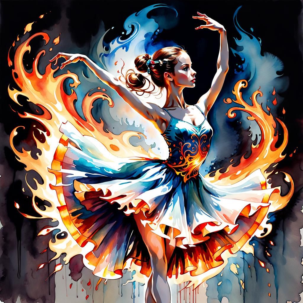 Ballerina Dancing in Flames: Watercolor Illustration