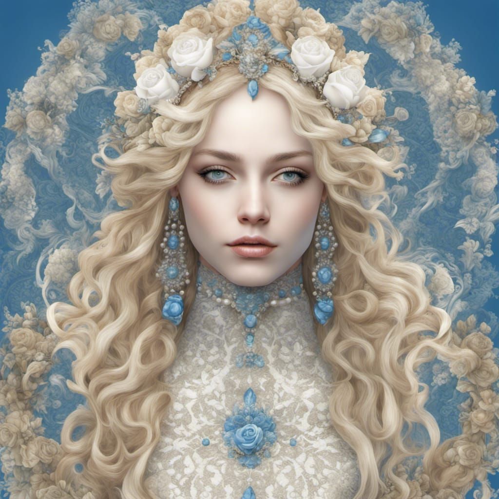 Blonde Woman in Lace Diadem, Baroque Illustration