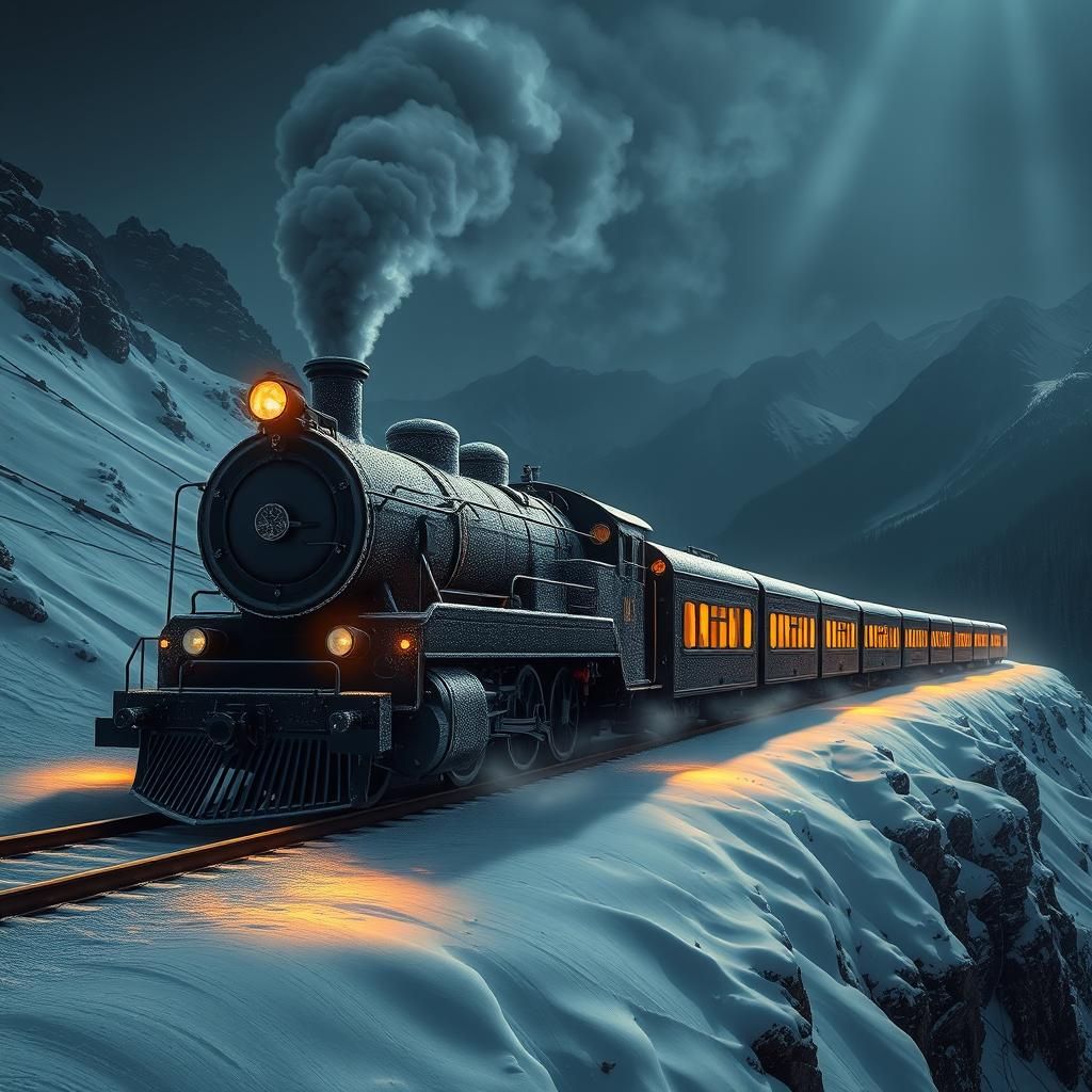 Steam Engine in Snowy Mountains at Night