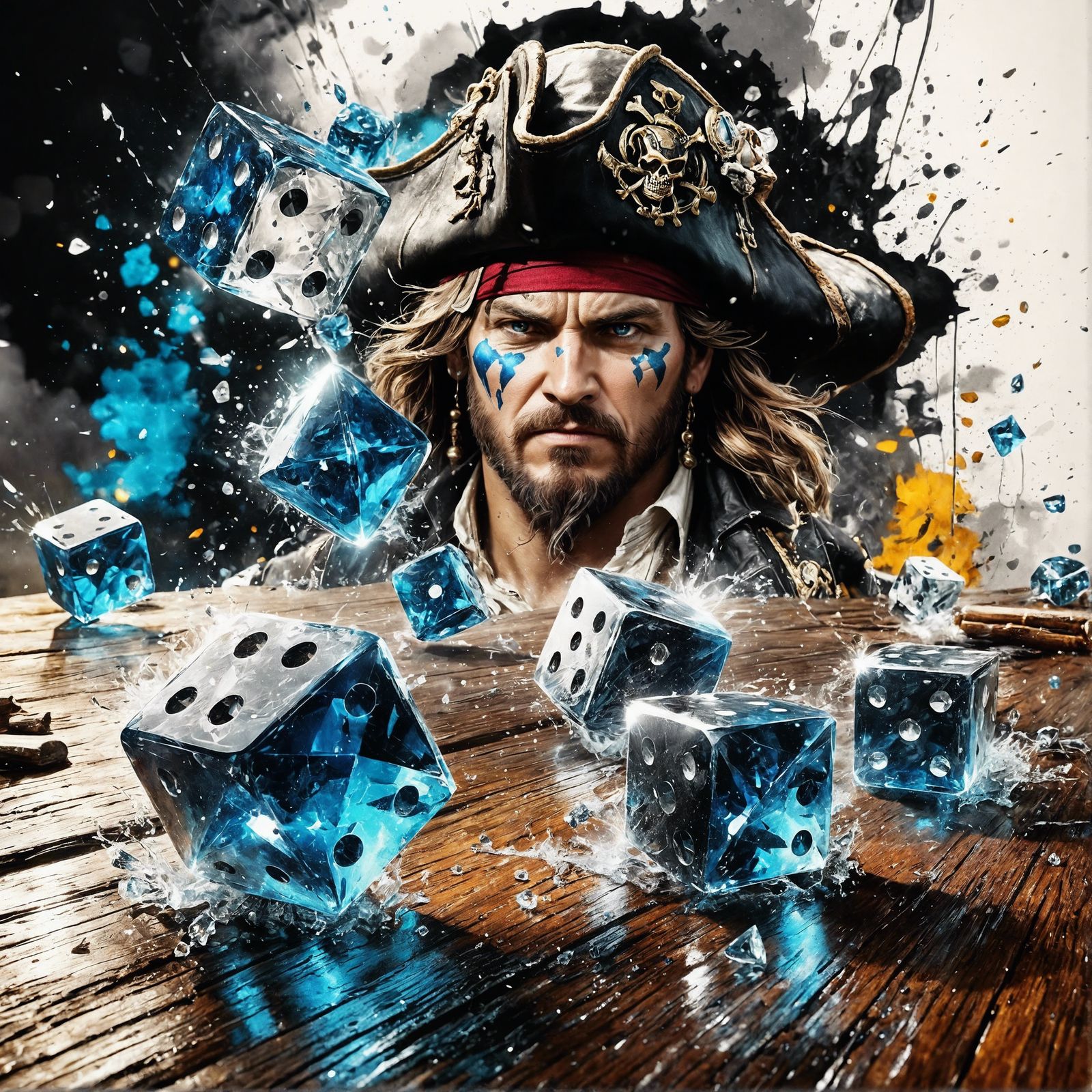 Shimmering Dice with Ink Splatter Background