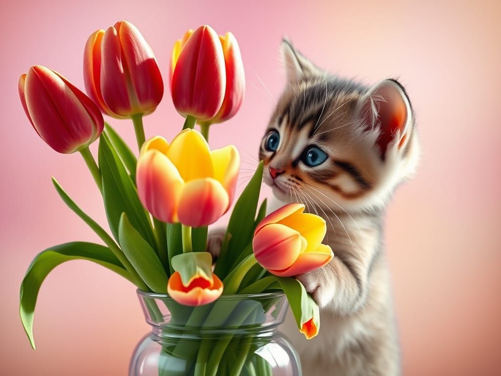 Kitten Sniffs Tulips: Hyperrealistic 3D Digital Art