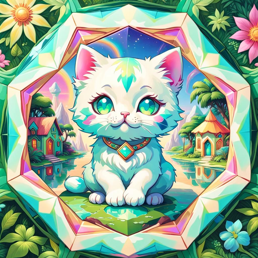 Vibrant Village in Opalescent Octagon with Kawaii Kitten