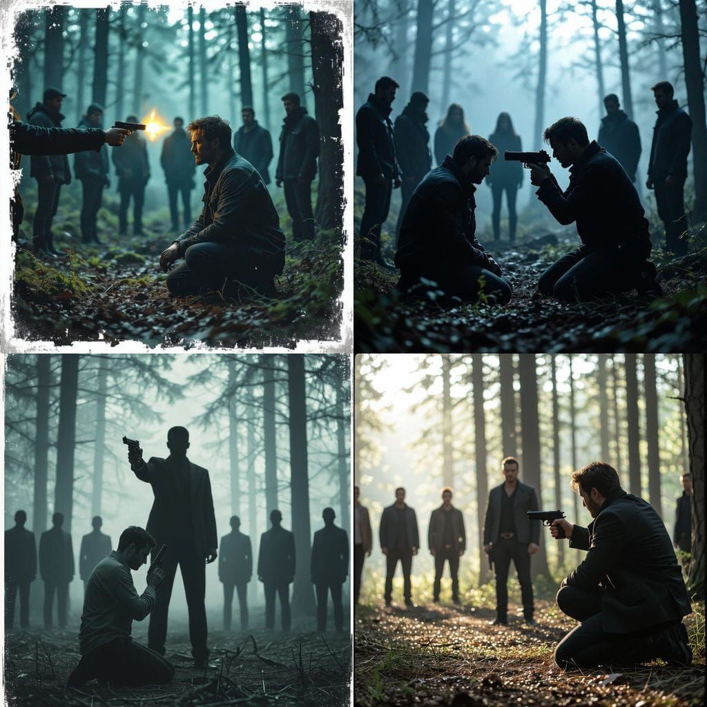 Man Kneeling in Dark Forest Confronted by Gunman