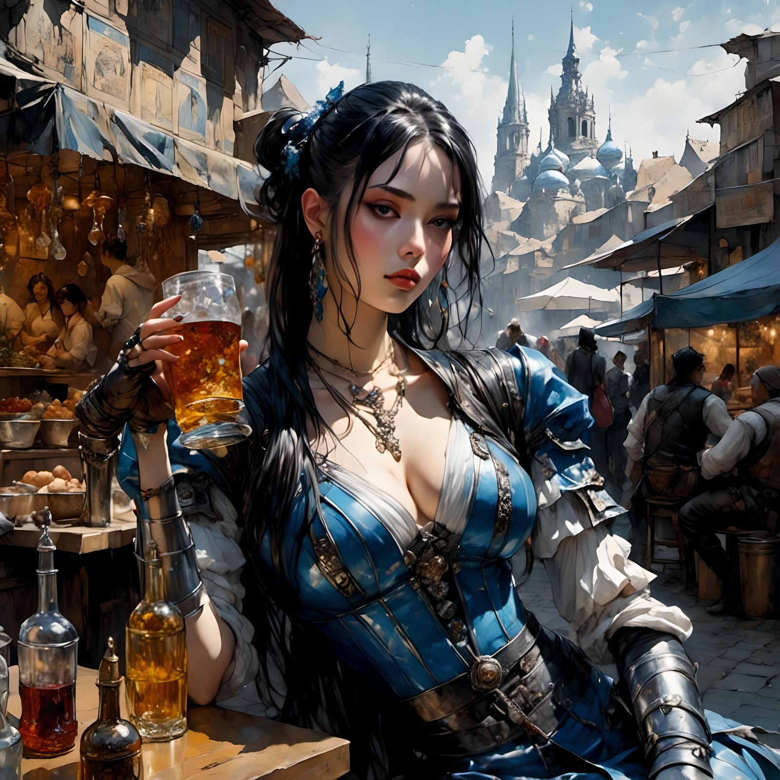Pensive Warrior in Fantasy City: Hyperdetailed Oil Painting