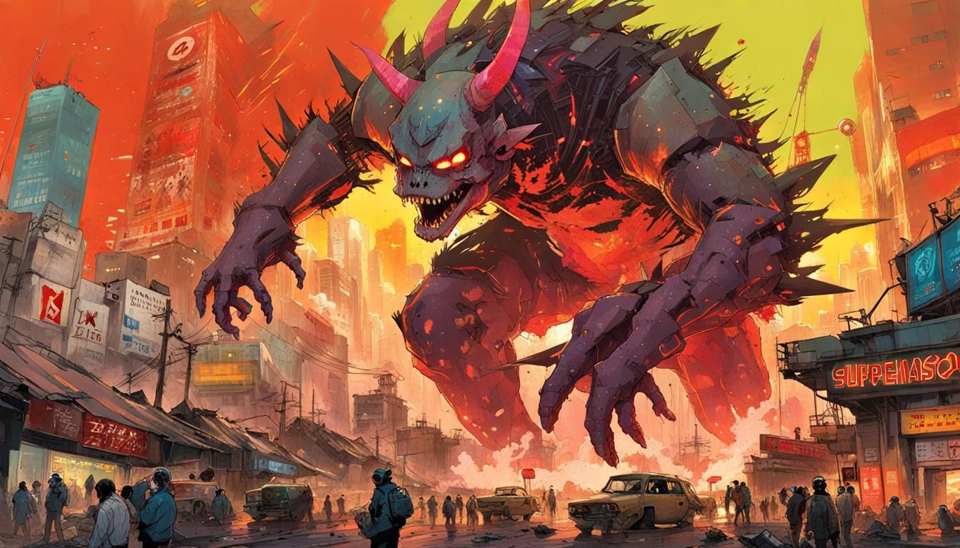 Techno-Organic Kaiju Rampage in Futuristic City