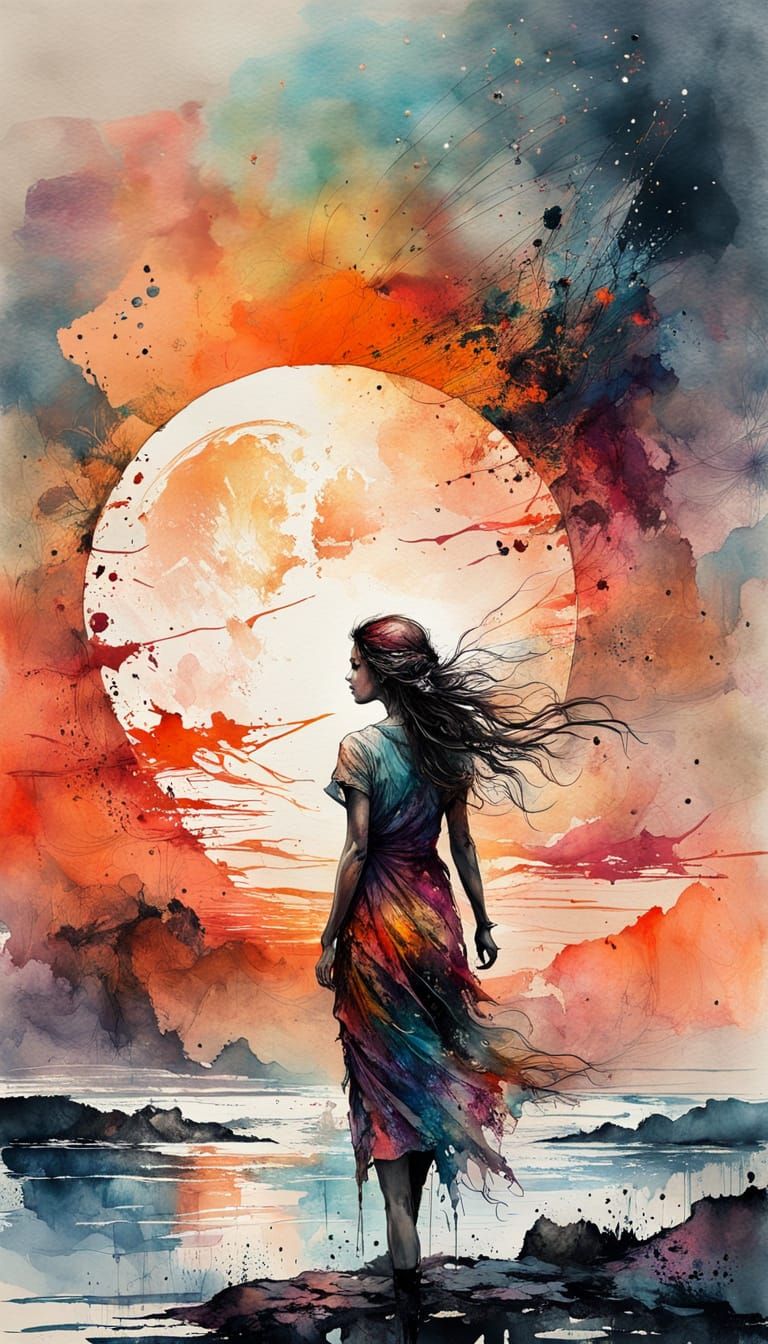 Ethereal Sunset by Stormy Sea in Art Brut Style