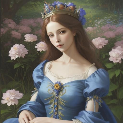 Renaissance Woman with Crown in Flower Garden