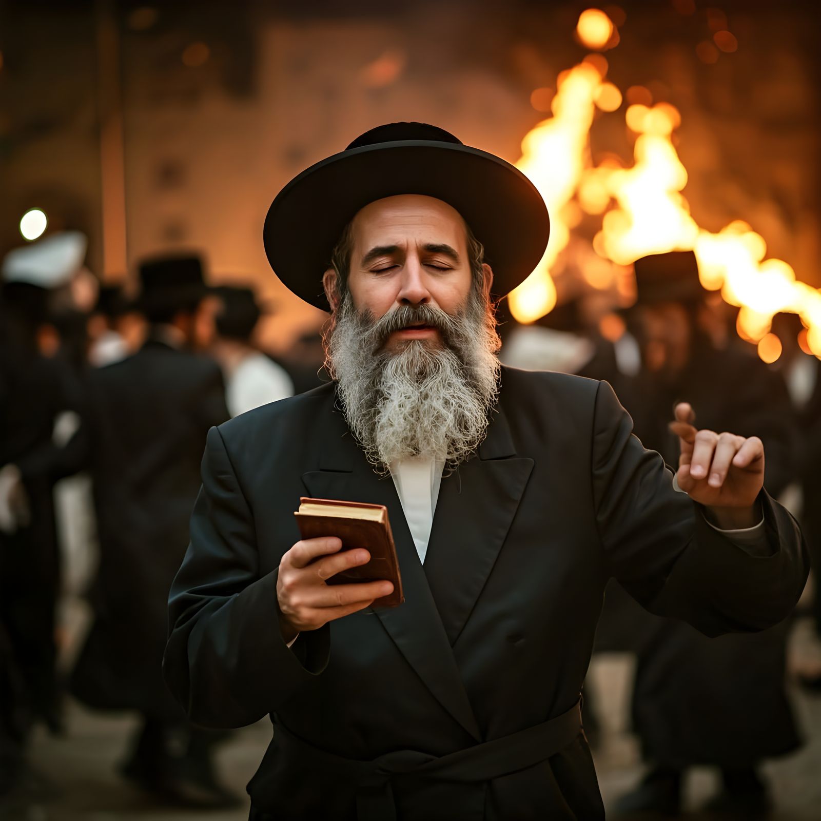 Hasidic Jew Dances with Joy Amidst Lag Baomer Fire