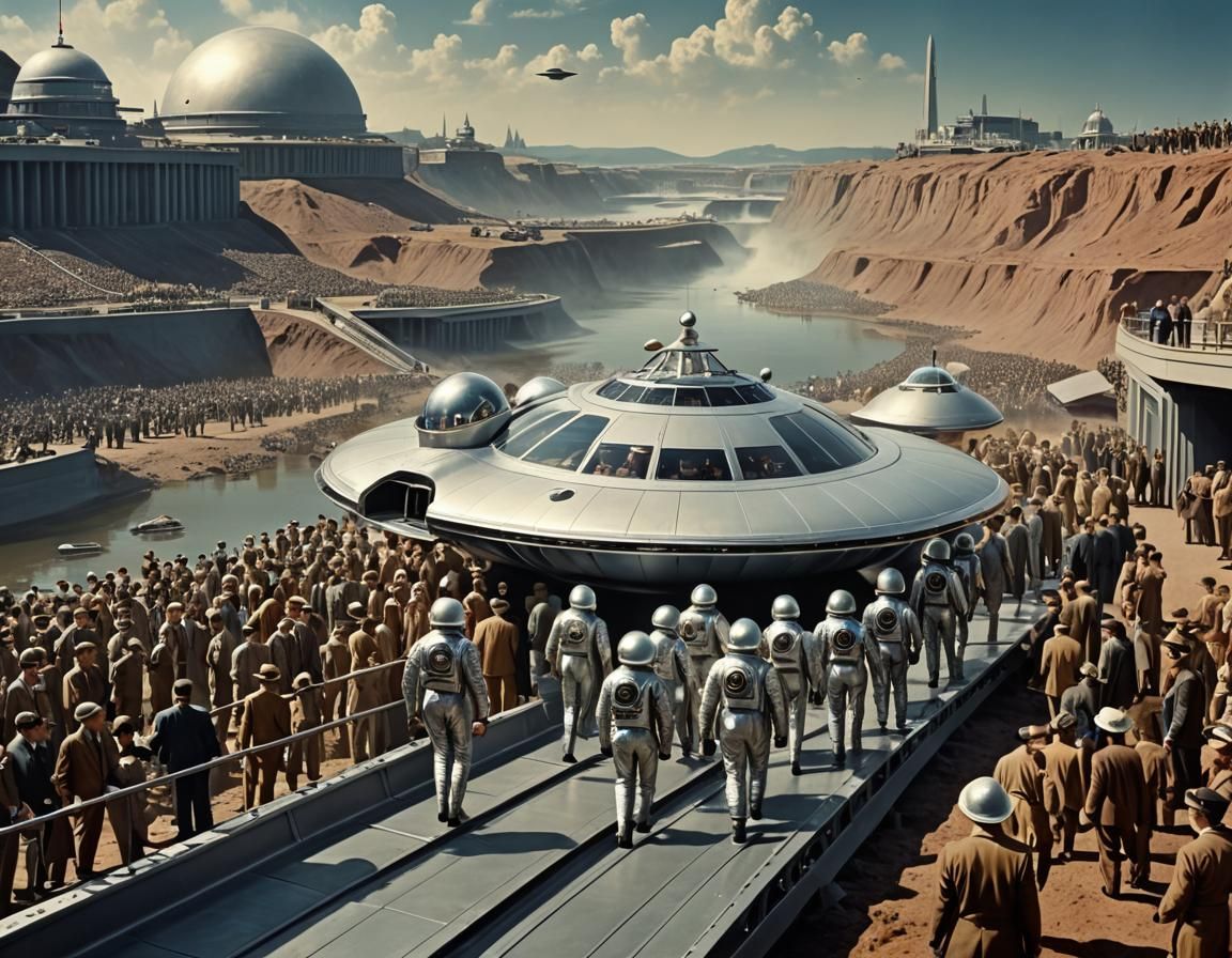 Flying Saucer Landing in Mid-Century Sci-Fi Style