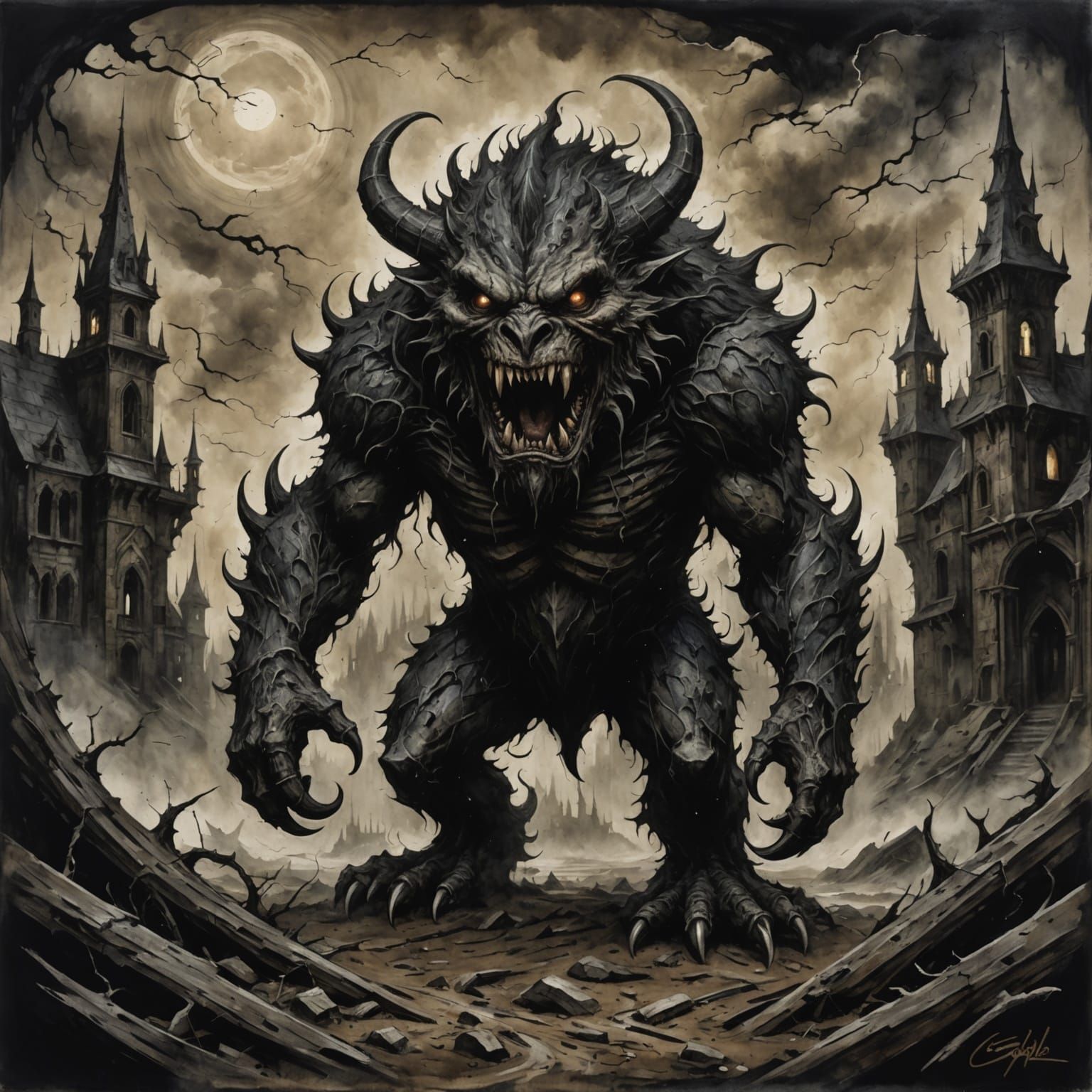 Fantasy Monster in Abandoned Land: Gothic Sepia Painting