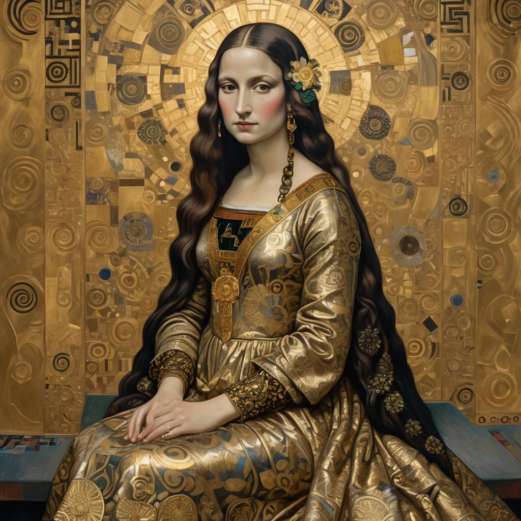 Mona Lisa in Gustav Klimt's Golden Oil Painting Style