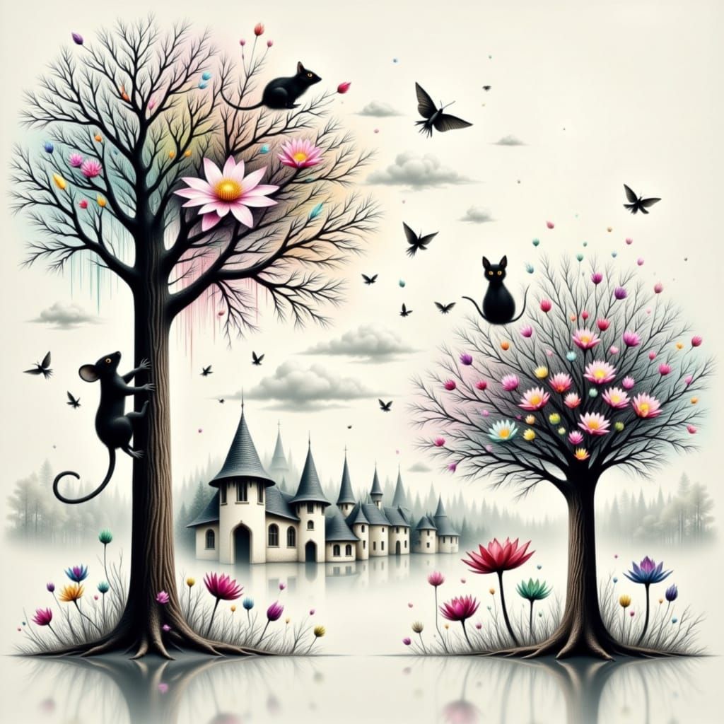 Surreal Watercolor Double Exposure: Mouse, Cat, and Houses