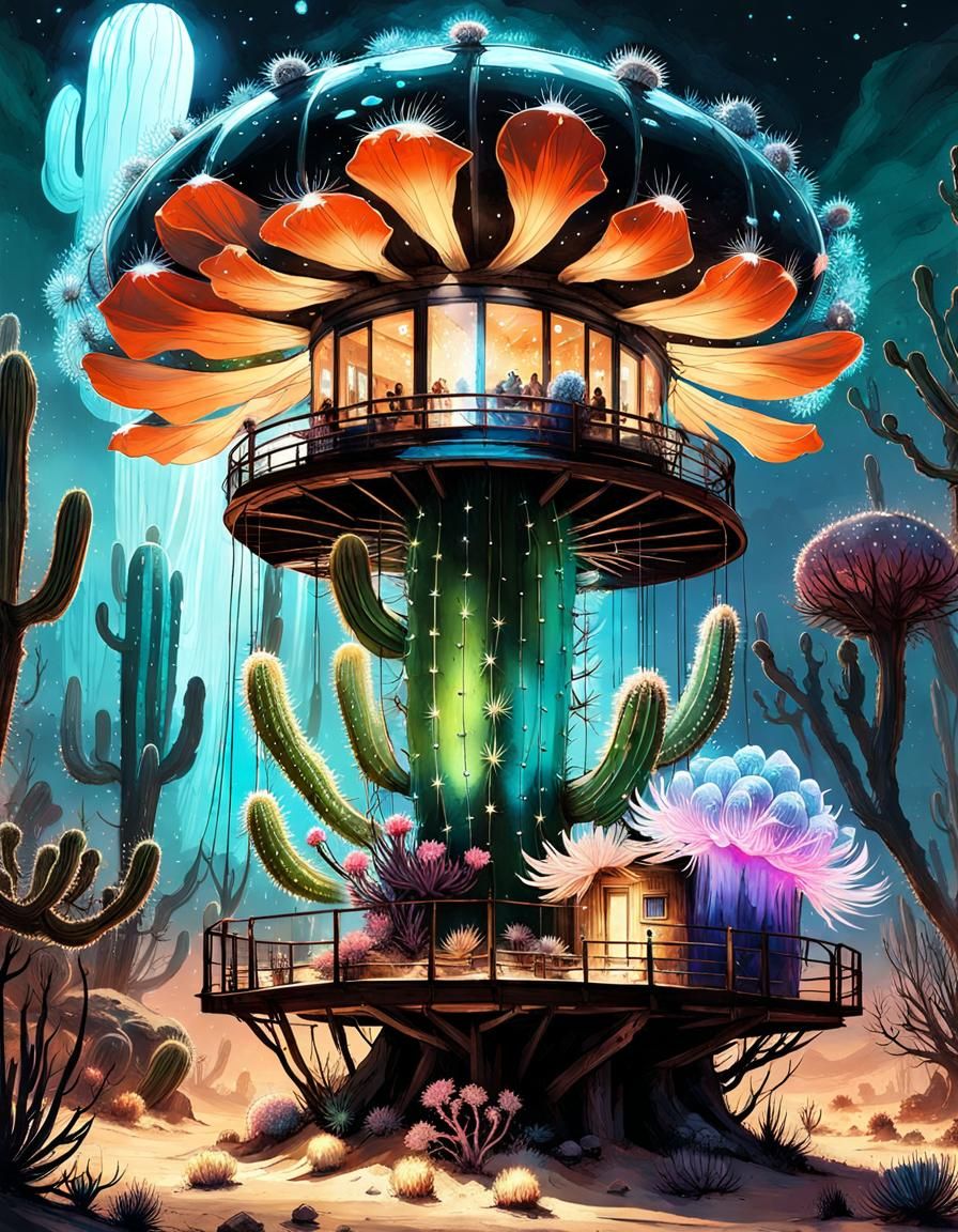 Bioluminescent Cactus Treehouse in Cyberpunk Style