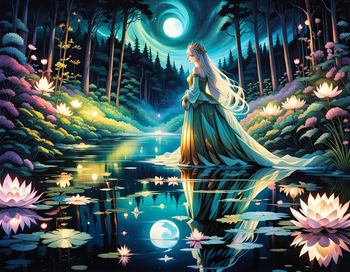 Manga Princess and Ethereal Reflection in Forest
