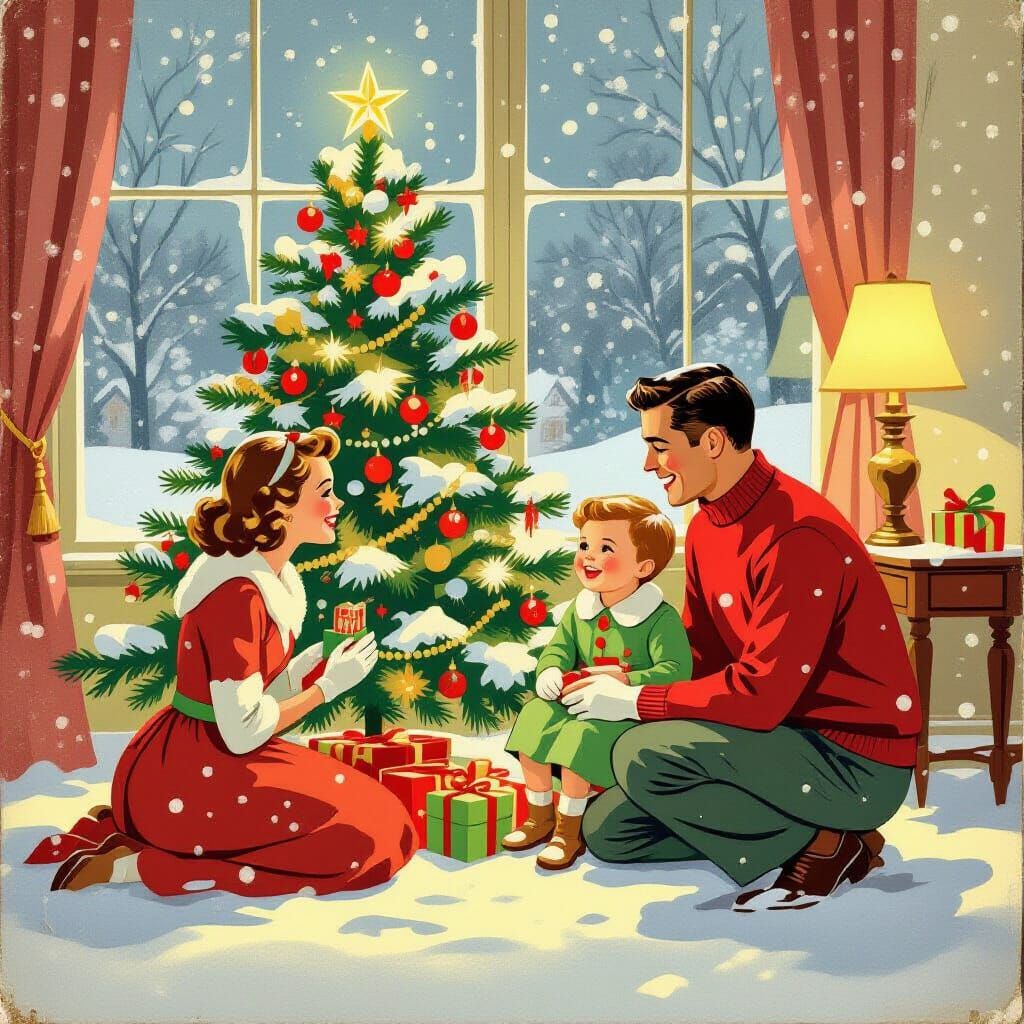 Vintage 1950s Christmas Card: Happy Family Scene