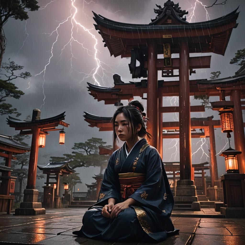 Girl at Shinto Shrine During Lightning Storm
