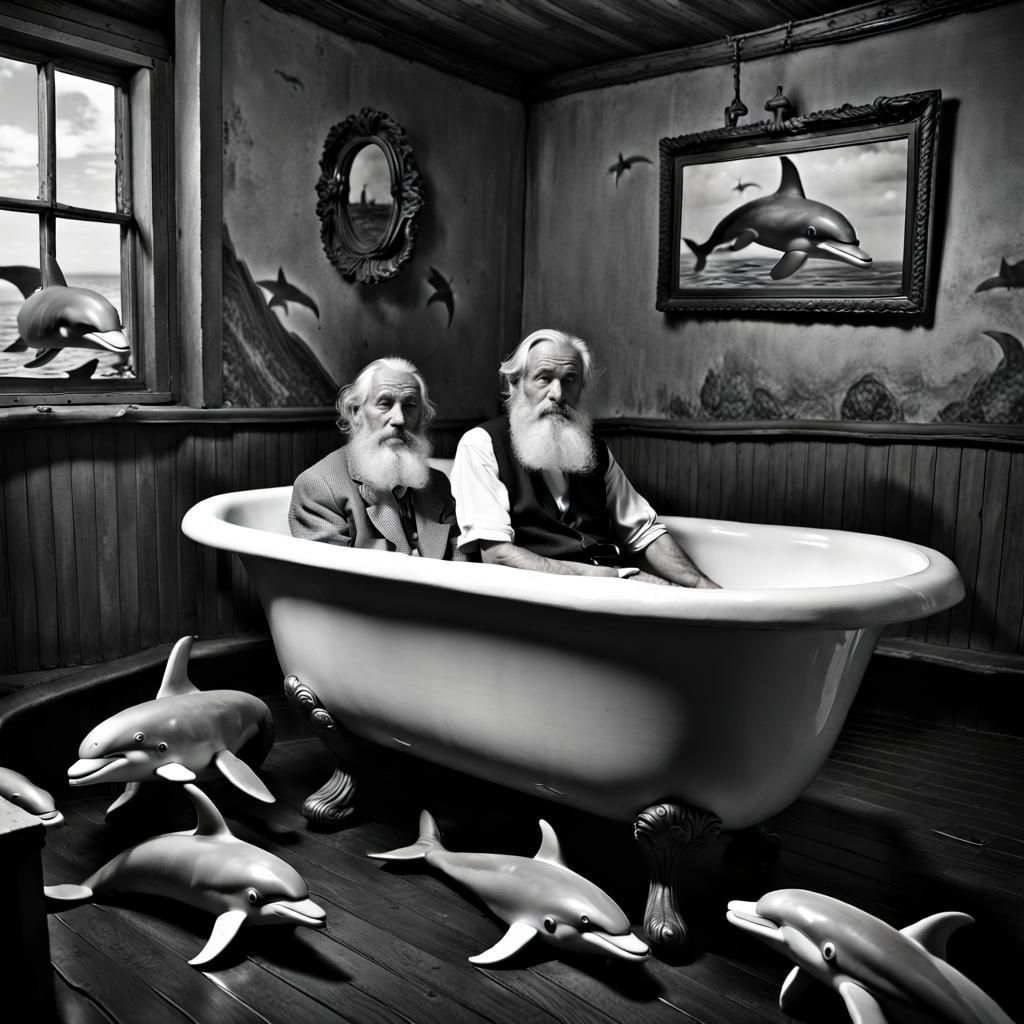 Vintage Photo: Bearded Man in Bathtub with Dolphins