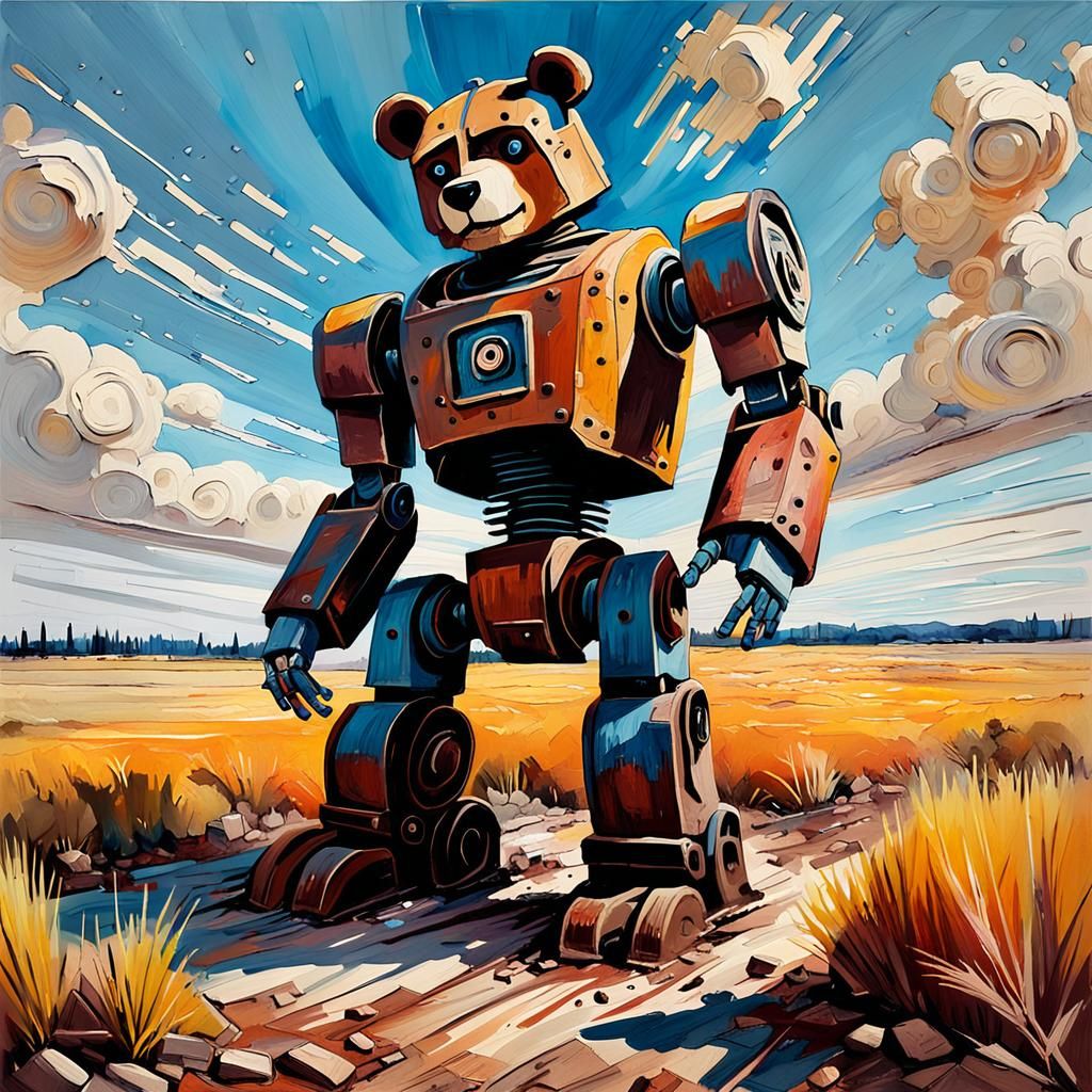 Teddy Bear Robot in Dystopian Field as Impasto Painting