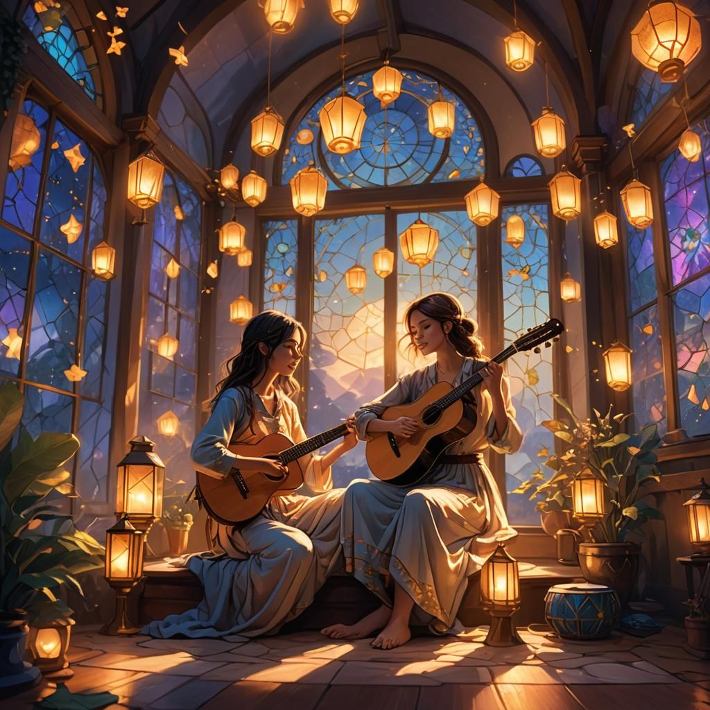 Fantasy Musician in Star House with Glowing Lanterns