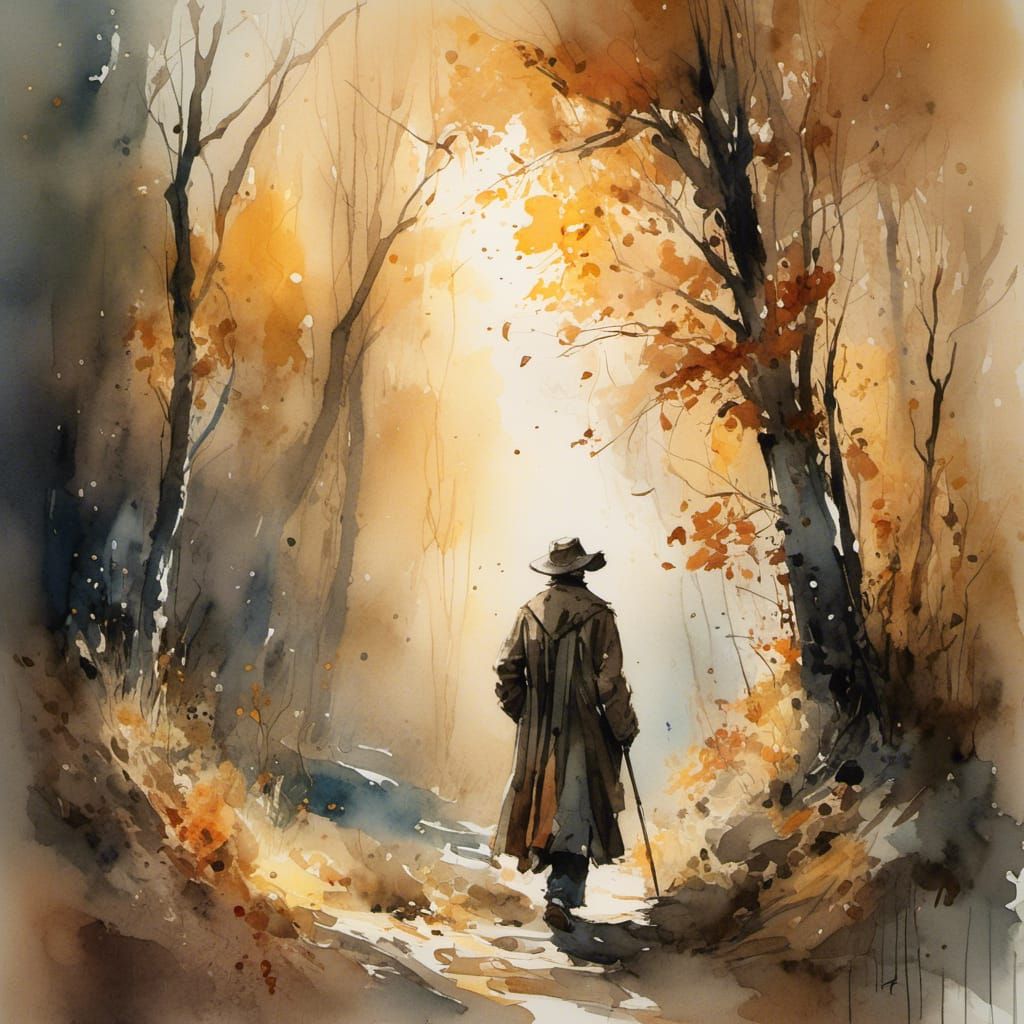 Autumnal Figure in Watercolor Woods at Sunset